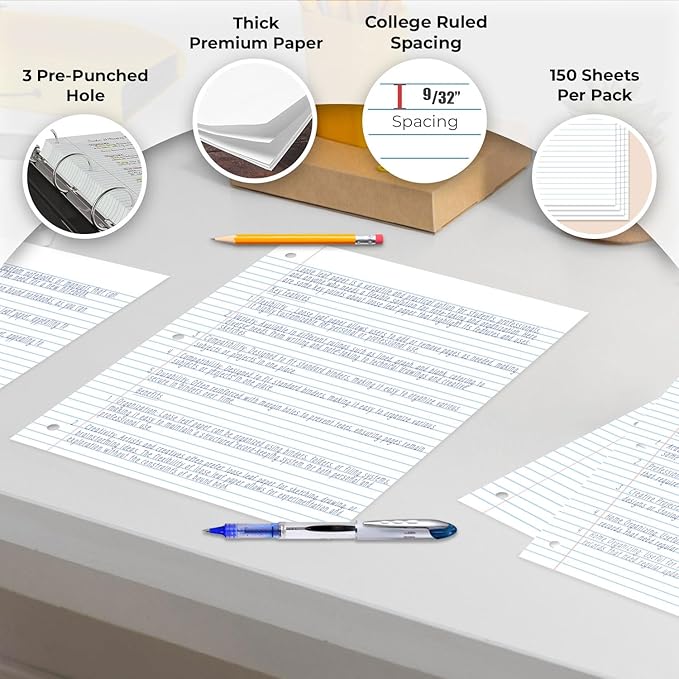Rosmonde Loose Leaf Paper Bulk, 3600 Sheets, 24 Pack, College Ruled Sheets, 8 x 10.5", 150 Sheets/Pack, 3 Hole Punch, Bulk Notebook Paper, Filler Sheets, Fits Standard Binders, Fights Ink Bleed, White