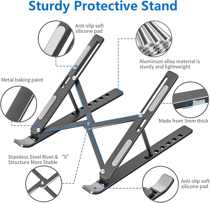 Laptop Stand for Desk, Aluminum Metal MacBook Stand,Computer Riser for Desk, Portable Foldable Adjustable Notebook Holder, Compatible with 10-15.6 Inch Laptops, iPad, Space Gray.