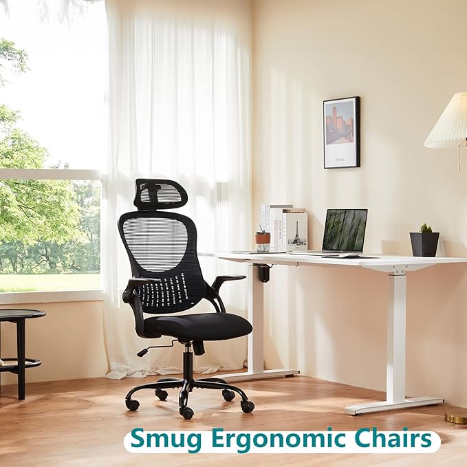 SMUG Office Chair Ergonomic Desk Lumbar Support, Computer Chairs Gaming Mesh with Wheels and Headrests, Flip-up Arm,Adjustable Position for Home, Work, Study, Black