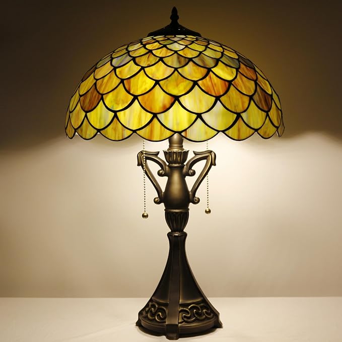 Tiffany Table Lamp 24 Inch High Antique Stained Glass Brown Fish Scales Desk Reading Light Wide 16 Inch for Bedroom Living Room Home Office