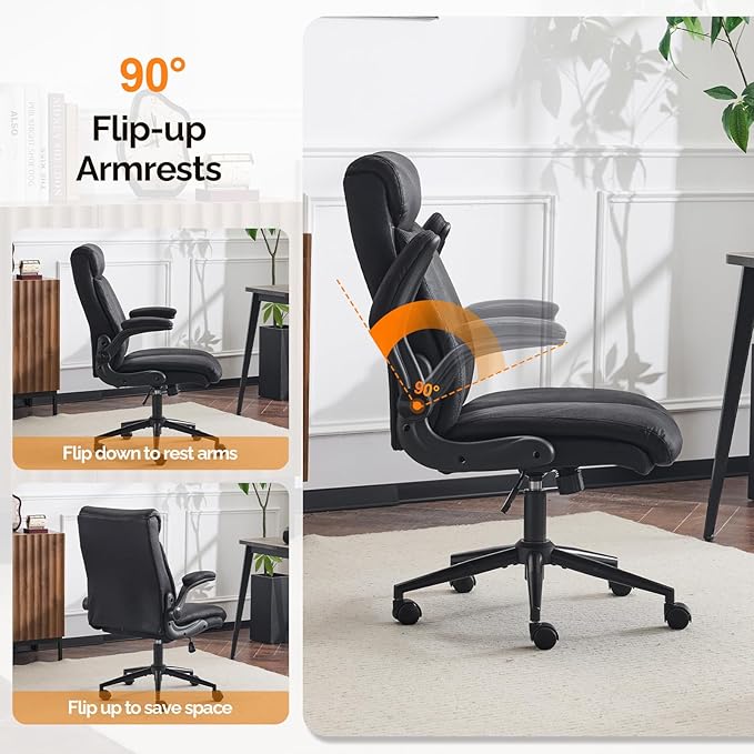 VINGLI Rolling Ergonomic Office Desk Chair with Padded Flip-up Arms, 360° Swivel High Back Executive Computer Task Chair with Wheels for Game,Home Small Space, Study Room, Reading Room,Pu Black