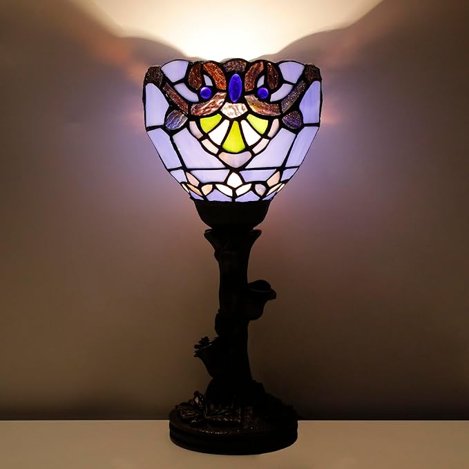 Small Tiffany Lamp Stained Glass Table Lamp Desk Uplight 6X6X13.5 Inch for Bedroom Bedside Office (Blue Baroque)