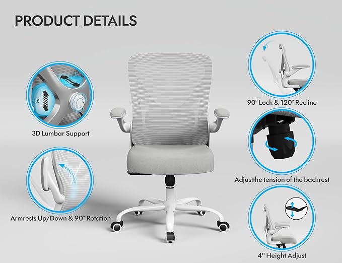 Ergonomic Office Chair with Lumbar Support - Adjustable Computer Desk Chairs for Home Office, Gaming, and Work - Comfortable and Supportive Desk Chairs for Adults(Grey Silver)