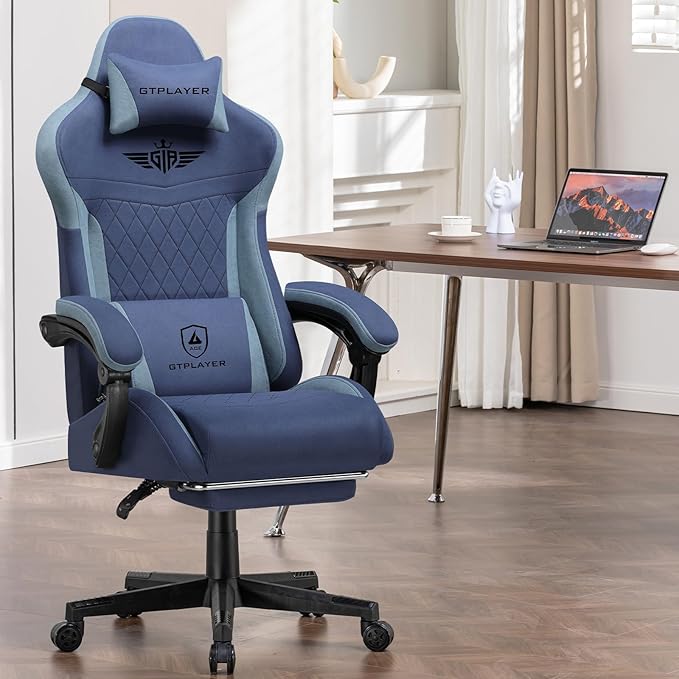 GTPLAYER Gaming Chair, Video Game Chairs with Footrest and Lumbar Support, Computer Chair for Adults with Extended Backrest, Ergonomic Reclining Silla Gamer, Fabric, Dark Blue