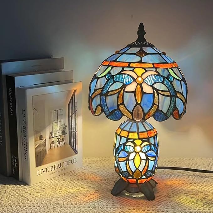 Small Tiffany Lamp Stained Glass Table Lamp Mini Mother Daughter Vase Desk Accent Night Light for Bedroom Bedside Reading Home Antique Style 8X14 Inches (Blue Purple)