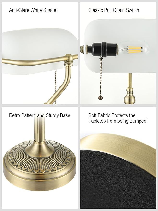 Newrays Traditional Glass Bankers Desk Lamp with Pull Chain Switch Plug in Fixture