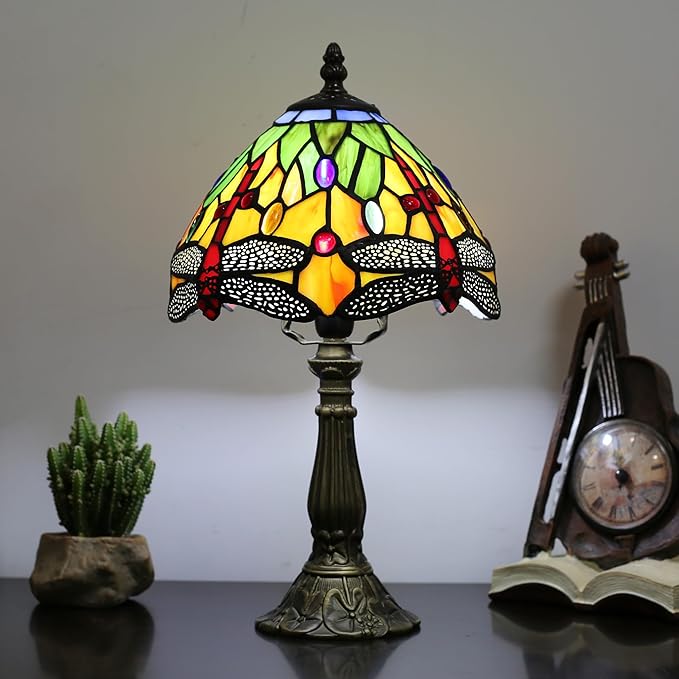 Tiffany Table lamp 8-inch Small Stained Glass lamp in a Vintage Dragonfly Pattern Style can be Used as a Decoration for The Living Room Bedside in The Bedroom or Desk