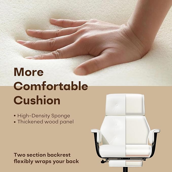 Reclining Office Chair with Footrest, Big and Tall Office Desk Chair 400lbs Wide Seat, Leather High Back Ergonomic Vintage Chair, Heavy Duty Executive Computer Chair, White