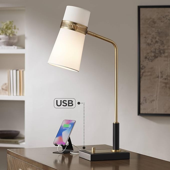Possini Euro Design Cartwright Mid Century Modern Desk Table Lamp with USB Port 32" Tall Antique Brass Metal Linen Shade Decor for Living Room Bedroom House Bedside Nightstand Home Office Reading