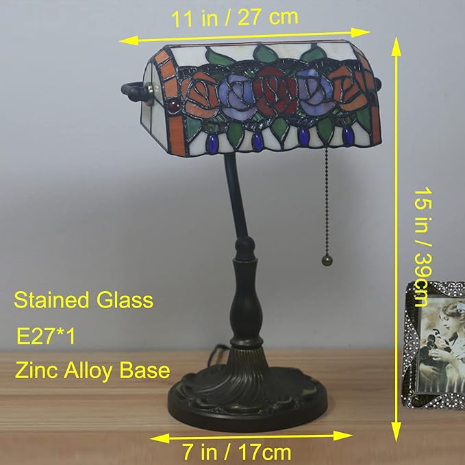 Tiffany Style Stained Glass Banker Desk Lamp, Rose Flower Pattern, Red, Pink, Green, Blue, Alloy Base, 10.62" W x 15.35" H