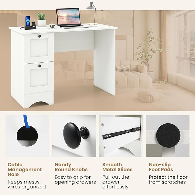 Tangkula White Desk with Drawers & Charging Station, Wooden Home Office Desk PC Laptop Notebook Desk, Compact Study Desk Writing Desk, Computer Workstation Ideal for Home & Office