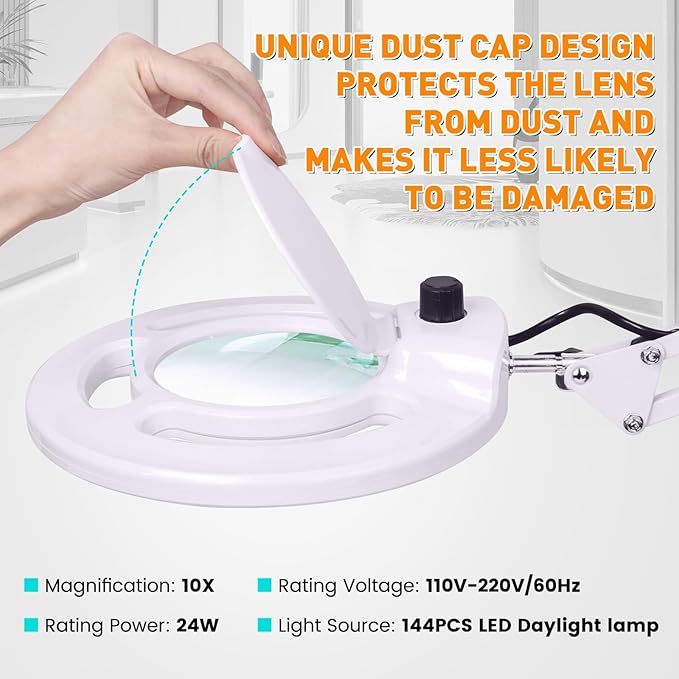 10X Magnifying Glass with Light and Stand, NUEYiO 2200 Lumens Stepless Dimming LED Magnifier Lamp, Adjustable Swing Long Arm Magnifying Light, Hands Free Craft Lamp for Projects Soldering Workbench