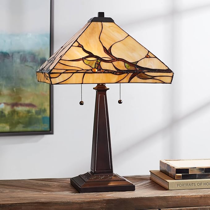 Robert Louis Tiffany Budding Branch Mission Tiffany Style Table Lamp 24" High Bronze Brown Metal Antique Copper Glass Art Shade Decor for Living Room Bedroom House Bedside Nightstand Home Office