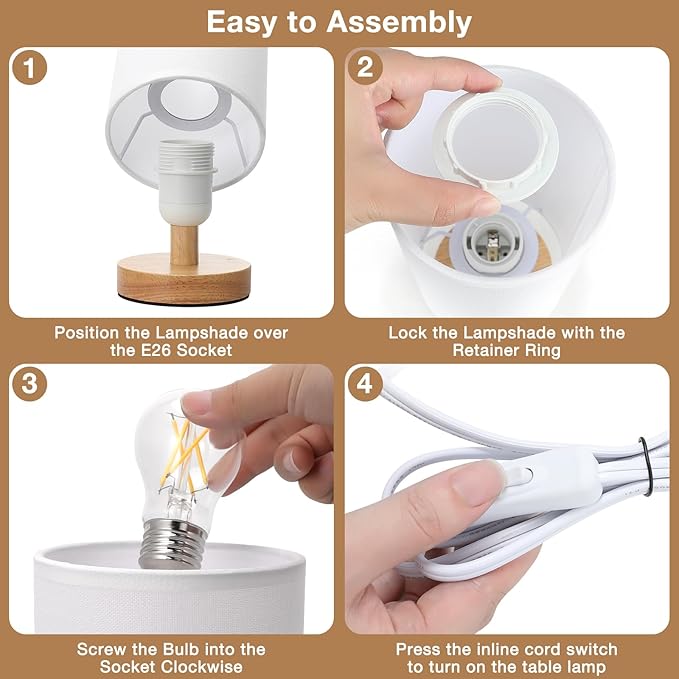 Small Table Lamp for Bedroom - Inline Control, Bedside Lamp with 3000K A15 LED Blub, Easy Assembly (White Shade - Wood Base, 9" Inline Control)