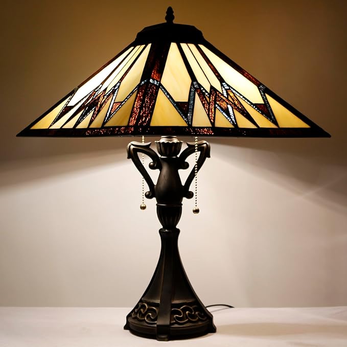 Tiffany Table Lamp Stained Glass Cream Amber Square Geometric Mission Style Desk Reading Light 16X16X24 Inch for Bedroom Living Room Home Office