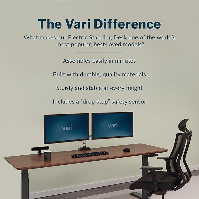 VARI Electric Standing Desk - Varidesk Height Adjustable Sit/Stand Desk - Dual Motor with Memory Presets, Stable T-Style Legs - Gaming or Home Office Workstation - 72”x30”, Walnut