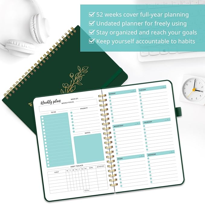 Undated Weekly Planner, Weekly To Do List Notebook with Goal & Habit Tracker Organizer, A5 Weekly Planner Notebook with Spiral Binding, 6.1" x 8.2" - Dark Green