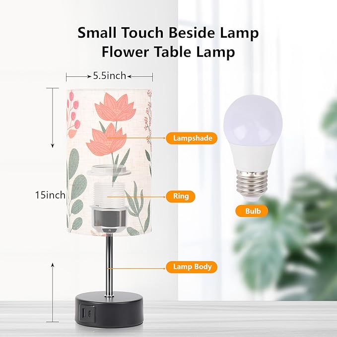 Touch Bedside Table Lamp, 2 USB Ports, 3-Way Dimmable Bedside Lamp for Bedroom, Nightstand Lamp with Round Flower Fabric Shade for Living Room, Home Office
