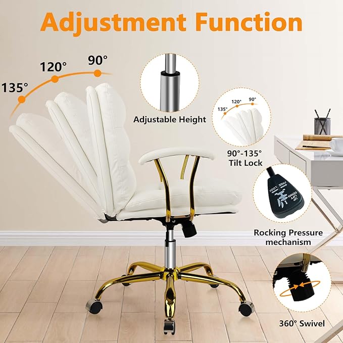 Leather Home Office Desk Chair, Mid-Back Vanity Chair Make Up Chair with Gold Wheels and Armrests, Rolling Swivel Computer Task Chair for Office Bedroom Living Room Girls Women, White, 8 Pack