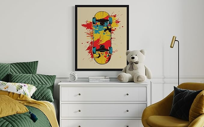 Skateboard Pop Art Poster Print, Vintage Retro Wall Art Decor Paintings Classic Artwork for Bedroom Living Room Decorations. 43 (Skateboard, 11 x 14 inches, Black Frame)