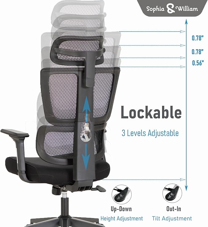 Sophia & William Ergonomic 3D Mesh Office Desk Chair High Back, 360° Swivel Rocking Executive Computer Chair with Height Adjustable Armrests, Lumbar Support and Headrest, Black, Load Capacity: 300 lbs