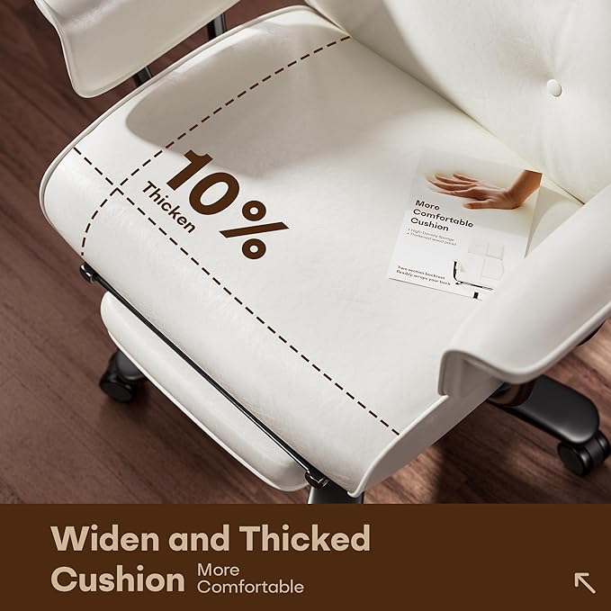 Reclining Office Chair with Footrest, Big and Tall Office Desk Chair 400lbs Wide Seat, Leather High Back Ergonomic Vintage Chair, Heavy Duty Executive Computer Chair, White