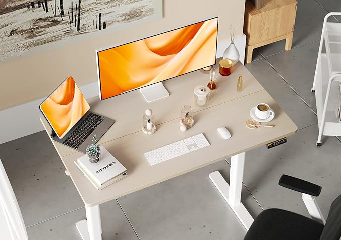 Seang Electric Standing Desk, Adjustable Height with 3 Memory Presets, 40x24 Inch Sit Stand with Splice Board for Home Office Computer Workstation, White Frame/Nature Top