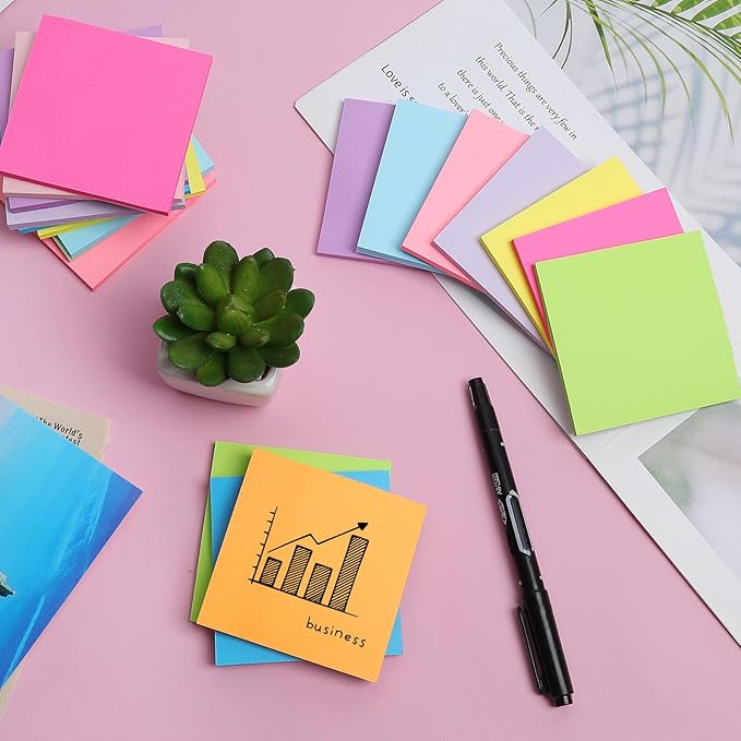 (24 Pack) Sticky Notes 3x3 in Post, Self-Stick Notes Pads 12 Bright Colors Sticky Note, Strong Adhesive, Recyclable, Easy to Post for Home, Office, Notebook