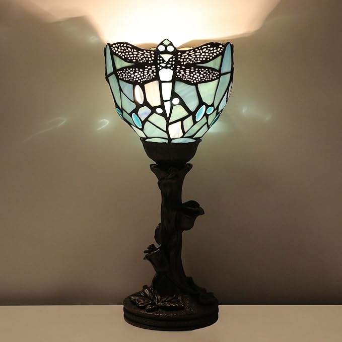 Small Tiffany Lamp Mini Stained Glass Table Lamp Blue Dragonfly Accent Desk Uplight W6 H13.5 Inch Bronze Resin Base