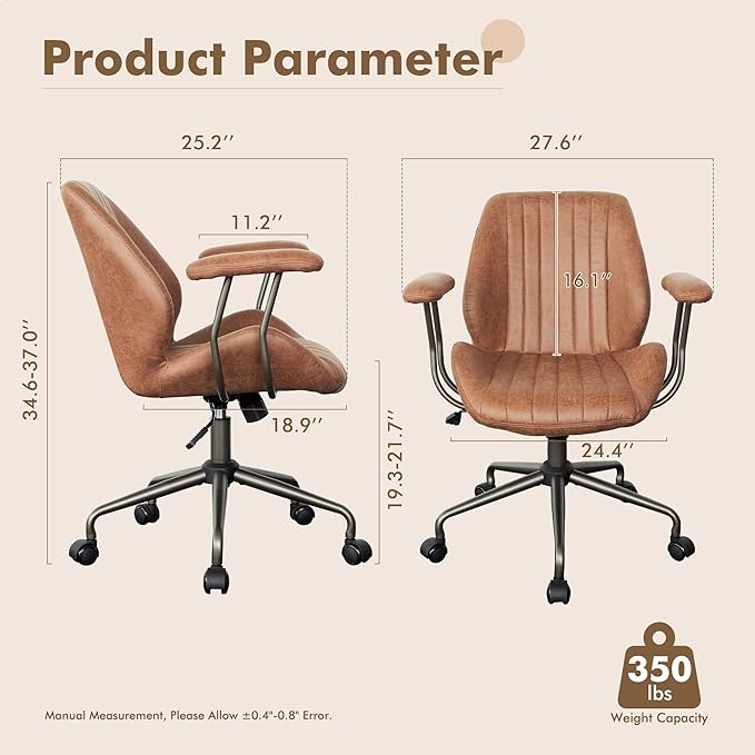 Mid Back Office Chair Mid Century Modern Executive Chair,Lumbar Support Ergonomic Home Office Desk Chair,Rolling Swivel Task Chair Task Chair Armrests Height Adjustable,350lbs (Brown)
