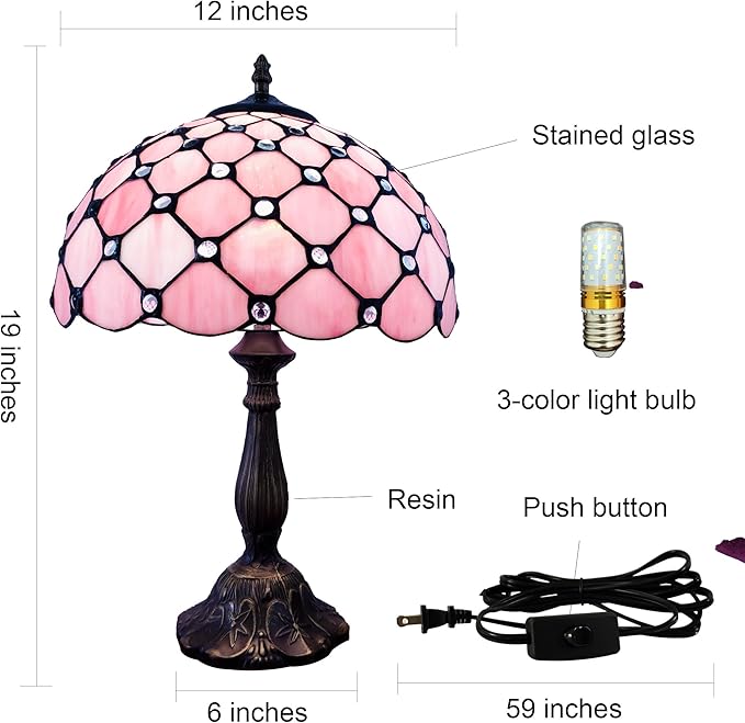 Tiffany Lamp Stained Glass Table Lamp Antique Bedside Desk Reading Light 3-Way Color LED Living Room Nightstand Light 12X12X19 Inches Home Office Desk Light Pink Pearls Style