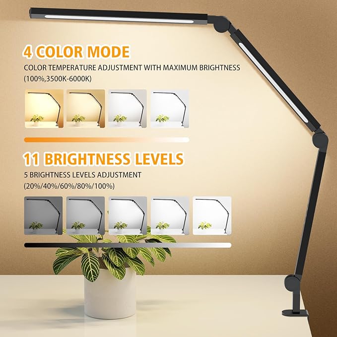 LED Desk Lamp with Clamp, Adjustable Swing Arm for Home Office, Dimmable Tempering Eye Care, Bright Modern Led Table Lamp for Nail Tech Architect, Flexible Tall Task Table Light