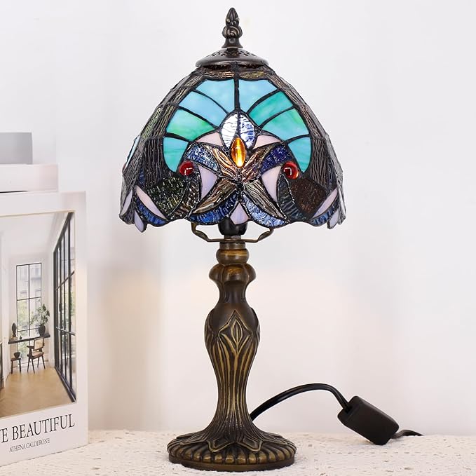 Small Tiffany Lamp Stained Glass Table Lamp Mini Desk Accent Light for Bedroom Bedside Reading Home Antique Style Decor 8X15 Inches (Green)