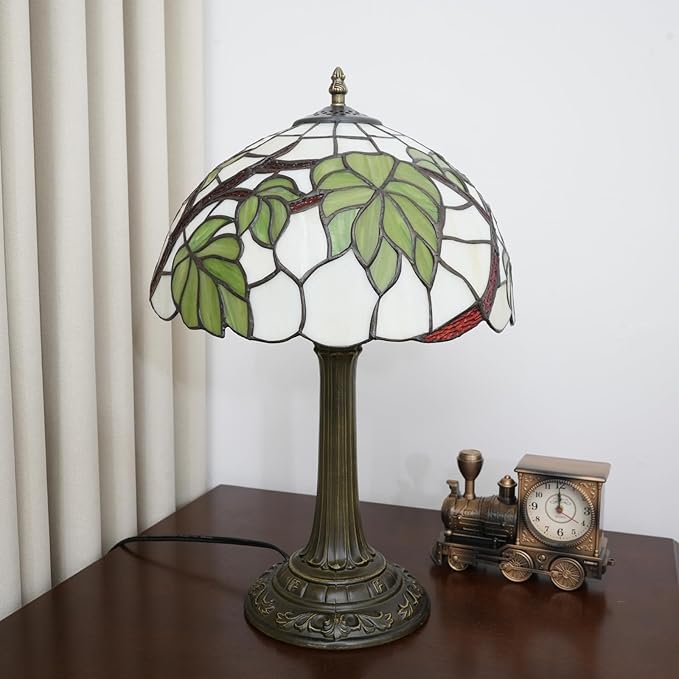 Tiffany Lamp Stained Glass Table Lamp 12 Inch Green Grape Leaf Tiffany Style Vintage Nouveau Lamp For Bedroom Living Room Study Coffee Shop Hotel Nightstand Desk Retro Light Home Decor Art Piece Gift