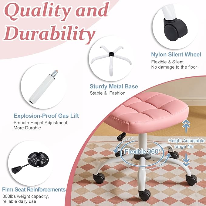 VINGLI Compact Small Desk Chair, Cute Armless Chair with Wheels, Vanity Chair with Low Back, Height Adjustable Task Chair for Small Spaces, Office, Bedroom, Make Up Room, PU Leather, Pink