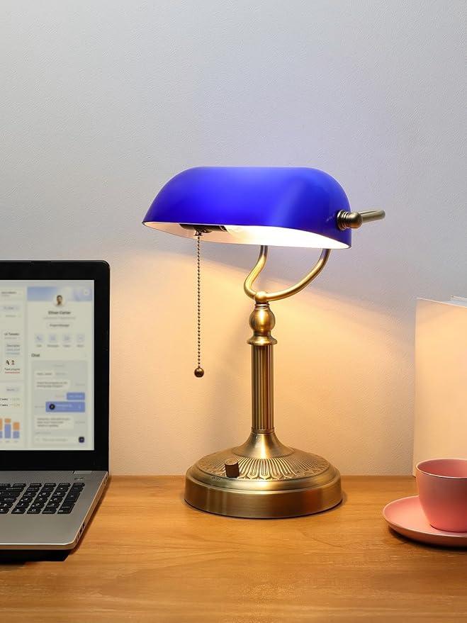 Newrays Blue Glass Bankers Desk Lamp, Stepless Dimmable Table Lamp Plug in Fixture for Study, Home Office, LED Bulb Included