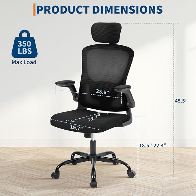 Office Chair – Ergonomic Desk Chair, Adjustable Lumbar Support and Headrest, Flip-Up Armrests, Mesh Computer Desk Chair, Swivel Rolling Executive Gaming Chair for Home & Office (Black)