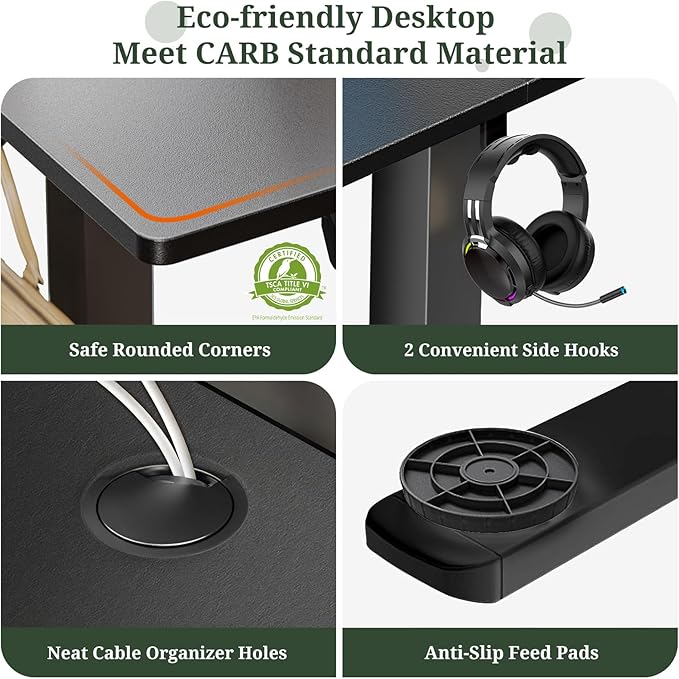 48 x 24 in Electric Standing Desk - Memory Height Adjustable Ergonomic Sit-to-Stand Rising Computer Table Gaming Workstations with 2 Hooks and Wire Hole for Home Office, Black