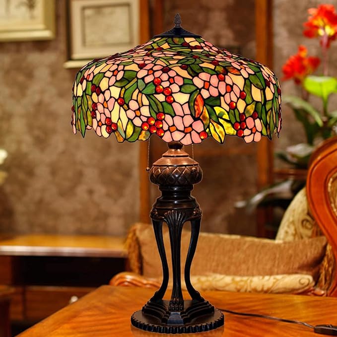 Tiffany Lamp Table Lamp Rose Dragonfly Tulip Wisteria Grape Peach Kapok Peony Apple Flower Design Stained Glass Lampshade Desk Lamp for Girl Living Room Iron Base W20 XH32,Apple Flower