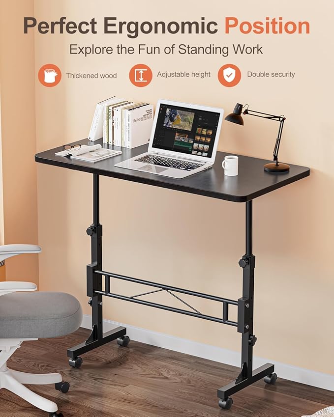 Small Standing Desk Adjustable Height, Mobile Stand Up Desk with Wheels, 32 Inch Portable Rolling Desks for Walking Pad Treadmill Black