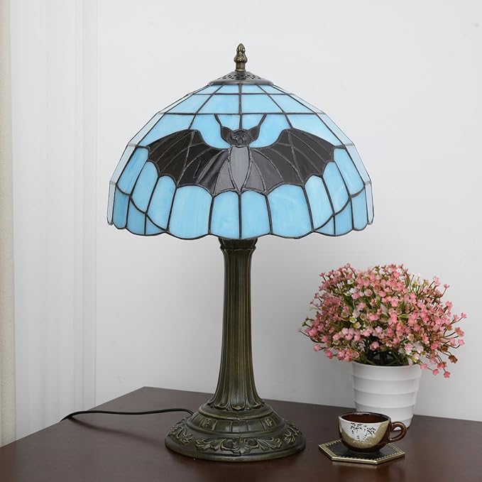 Retro Blue bat Style Stained Glass Table lamp Tiffany Lamps Living Room Office Hotel Bar Kitchen Desk Reading Bedroom Bedside Table Lamp Holiday Gift Halloween Home Decoration 12X19 inches