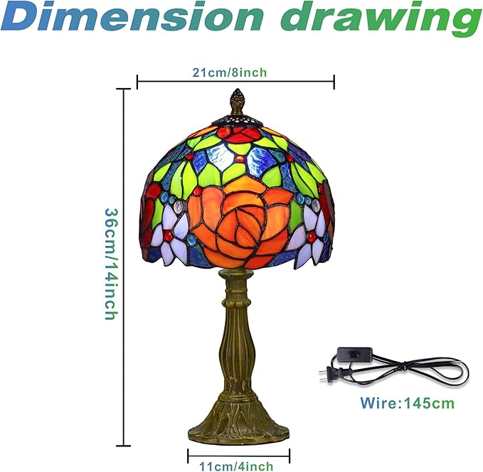 Tiffany Style Lamp Rose Flower Stained Glass Table Lamp red Rose 8X8X14 Inches Home Office Desk Lamp Lights Decorate Gift Include Light Bulb