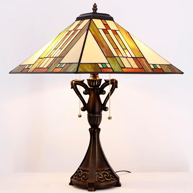 Tiffany Table Lamp Stained Glass Blue White Brown Square Mission Style Desk Reading Light 16X16X24 Inch for Bedroom Living Room Home Office