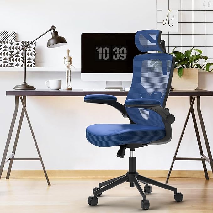 Home Office Chair, Ergonomic Comfy Desk Chair, High Back Computer Chair- Adjustable Headrest with Flip-Up Arms, Lumbar Support, Swivel Executive Task Chair (Portimao Blue, Modern)