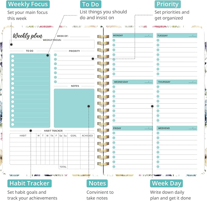 Undated Weekly Planner, Weekly To Do List Notebook with Goal & Habit Tracker Organizer, A5 Weekly Planner Notebook with Spiral Binding, 6.1" x 8.2" - Floral