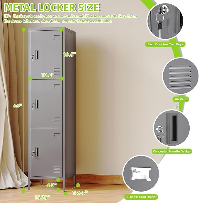 Metal Locker with Hooks and Ventilation Holes,Metal Storage Locker with Keys and Business Card Slof for Home,Gym,Garage,School,Office,66" H×15.75" W× 15.75" D,Assembly Required,Dark Grey