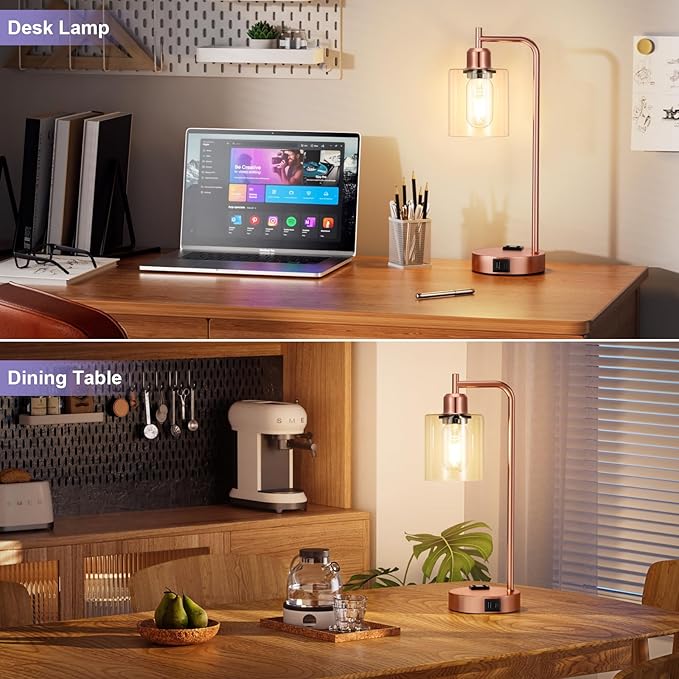 Innqoo Industrial Touch Table Lamps for Bedrooms Set of 2-3-Way Dimmable Lamps with USB C+A Ports and Outlet, Copper Bedside Lamps with Clear Glass Shade for Living Room, Desk Lamps for Home Office