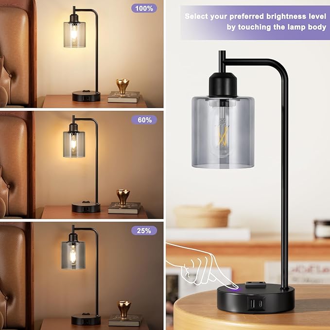 Innqoo Industrial Touch Bedroom Lamps for Bedrooms Set of 2-3-Way Dimmable Table Lamps with USB C+A Ports and Outlet, Bedside Lamps with Gray Glass Shade for Living Room, Desk Lamps for Home Office