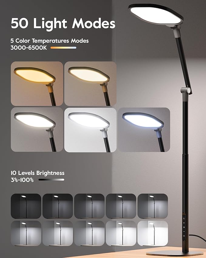 Led Desk Lamps for Home Office with Base, Tall Desk Lamp with 50 Light Modes & Memory and Timer Func Computer Light, Flexible Adjustable Table Lamps for Video Conference, Architect or Study(Black)