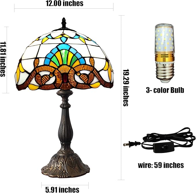 Tiffany Table Lamp 12X12X19 Inch Yellow Baroque Style Stained Glass Lamp Antique Bedside Desk Reading Light for Bedroom Living Room Home Office Include 3-Color LED Bulb